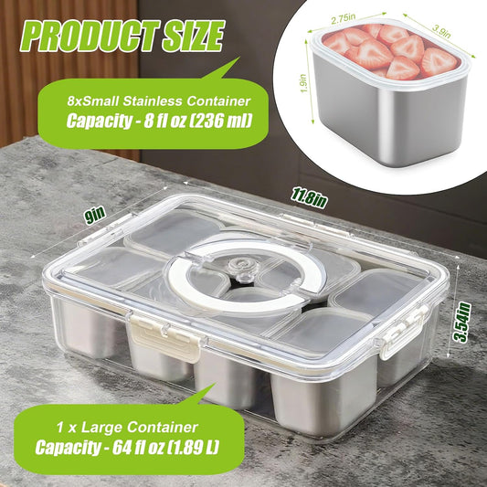 Snackle Box Container Stainless Steel - Reusable 8 Compartment Divided Serving Tray with Lid and Handle, Clear Portable Snack Containers Platters Storage Organizer for Snacks Fruit Candy Veggie Nuts