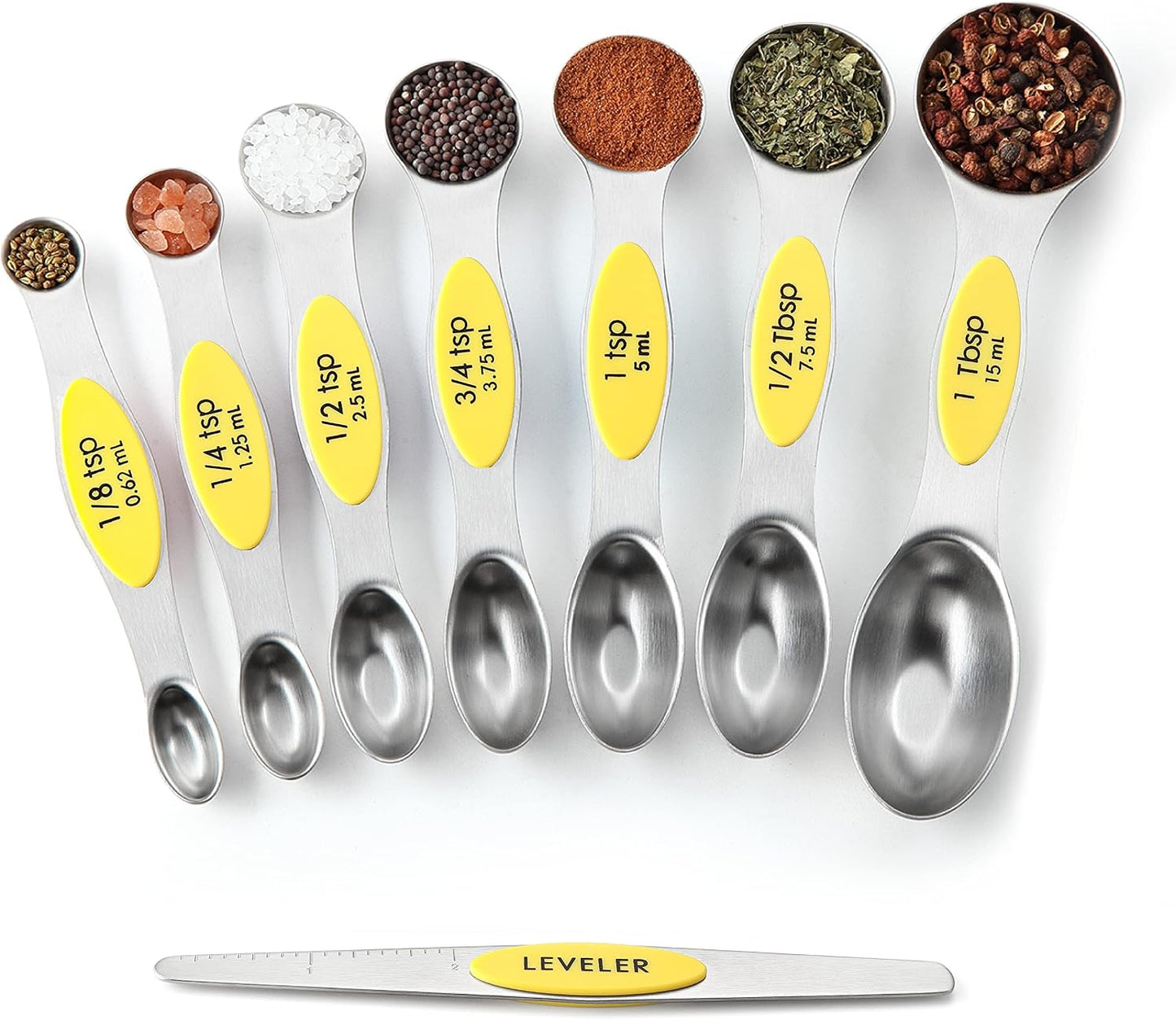 Spring Chef Stainless Steel Magnetic Measuring Spoons Set with Strong N45 Magnets, Heavy Duty Metal Kitchen Gadgets for Baking & Cooking, Fits in Most Kitchen Spice Jars, Set of 8 with Leveler, Black