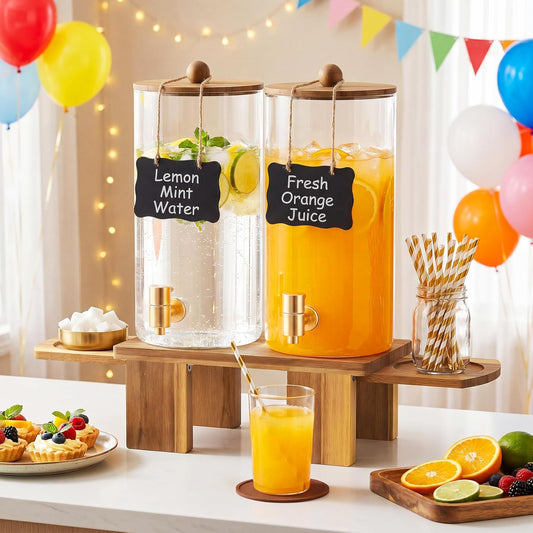 1.5 Gallon Drink Dispenser for Parties (2 Pack) - Glass Beverage Dispenser with Wood Stand, Stainless Steel Spigot & Coasters, Large Beverage Container for Hosting, BBQ, Lemonade, Juice & Iced Tea