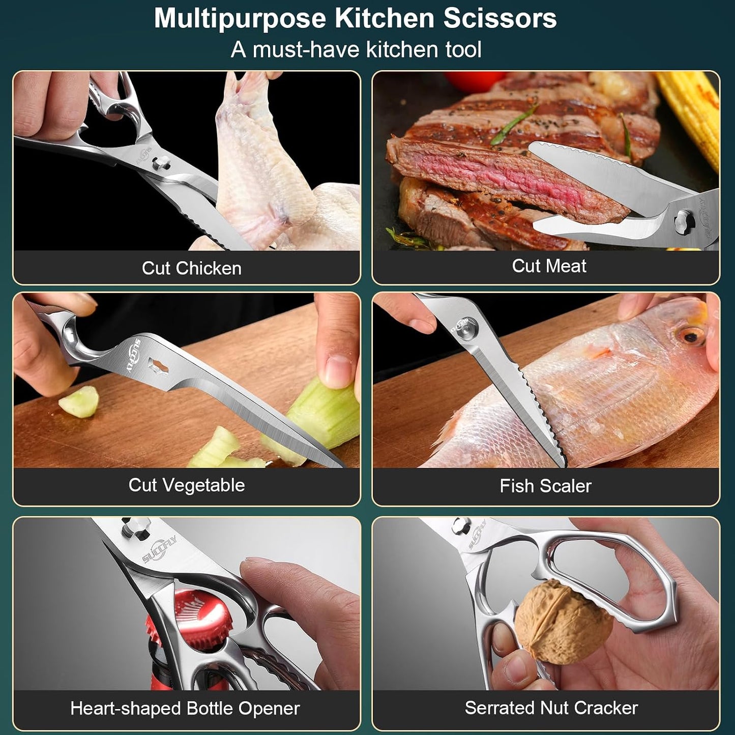 SUCCFLY Kitchen Scissors for Food,Premium Kitchen Shears Heavy Duty,8.8″Ultra Sharp Meat Scissors Detachable Blade,All Steel Poultry Shears Black Titanium Plated,Anti-Slip Cooking Scissor All Purpose