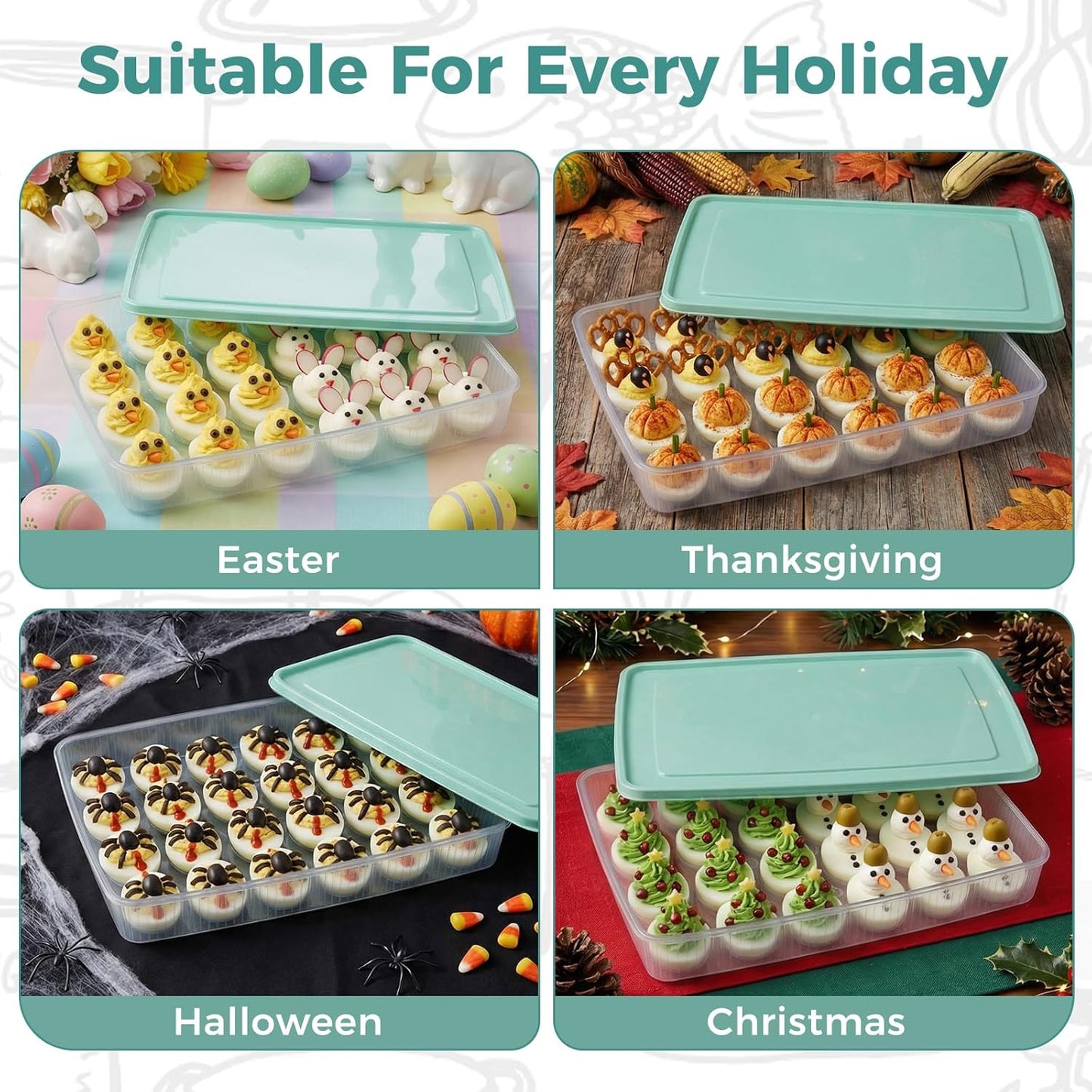 HAKSEN Deviled Egg Containers with Lid, (Set of 2), Deviled Egg Holder Tray Carrier for Refrigerator with 48 Holes, Fridge Stackable Kitchen Portable Countertop Storage