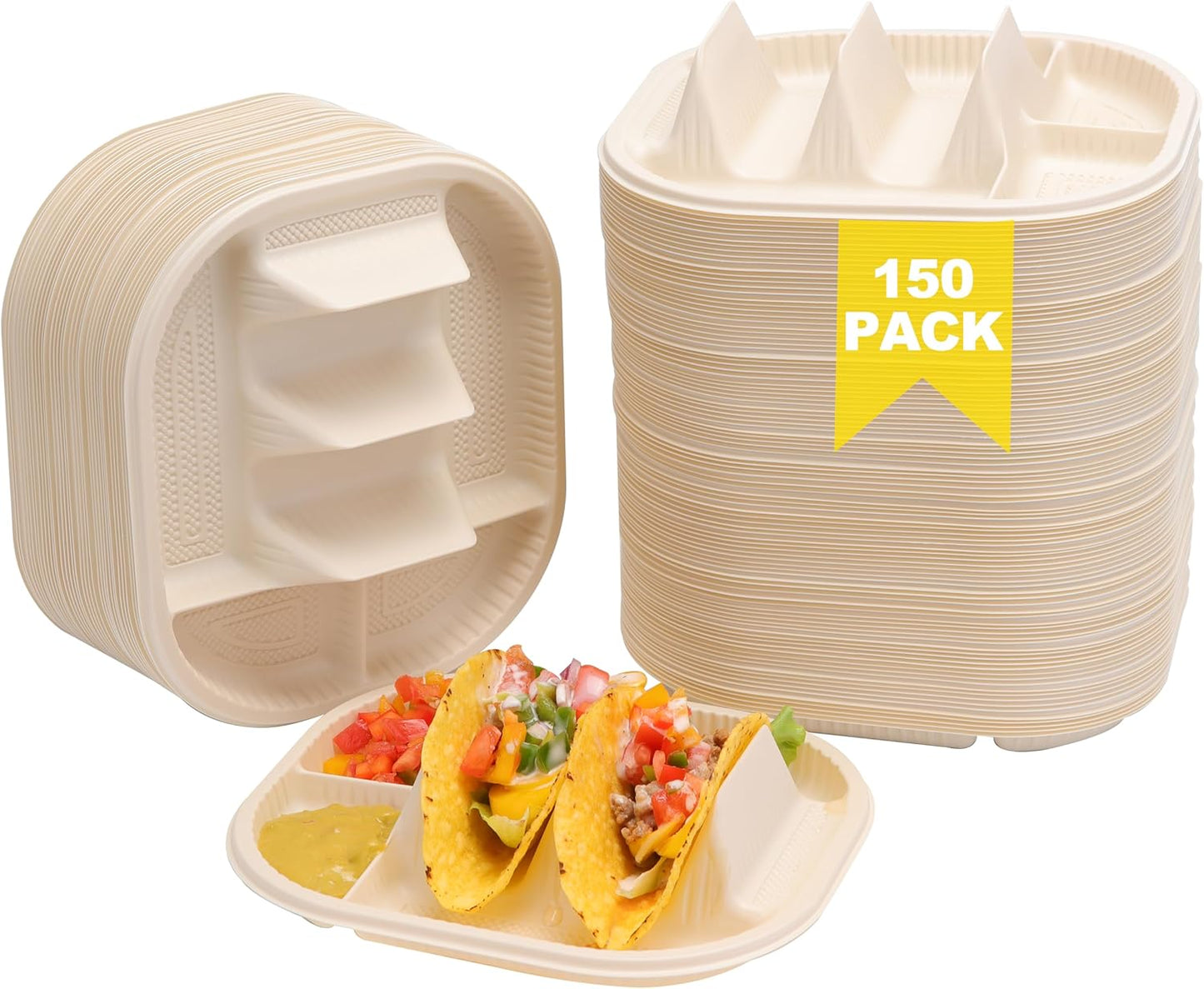 Small Disposable Taco Plates With Dipping Sides - 50 Pack, Biodegradable Cornstarch Taco Holder, Mini Size Fit 4-6 Inch Street Tortilla Shells, Sturdy & Microwave Safe, Bar Serving Set For A Party