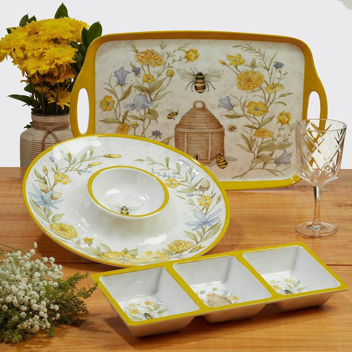 Bee Sweet 3-Piece Melamine Serveware Set – Includes 14.5" Chip & Dip, 14.5"x5.75" 3-Section Tray & 19"x8" Platter with Bee & Floral Designs for Spring Entertaining & Outdoor Dining