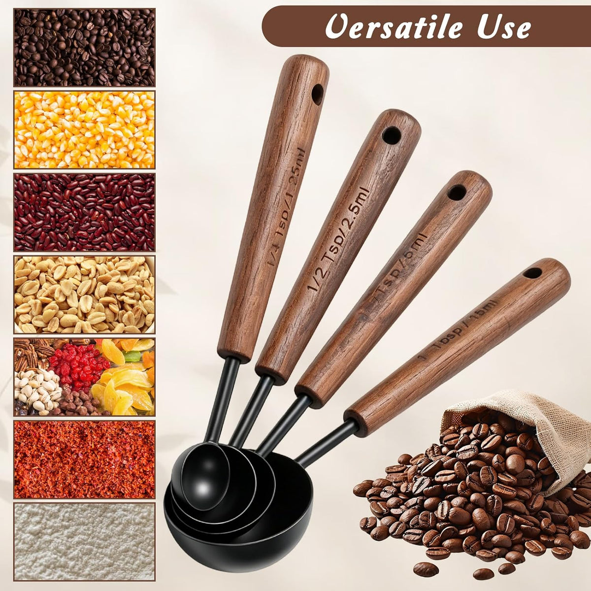4 Pcs Wooden Handle Measuring Spoons, Black Stainless Steel Measuring Scoops Tablespoon Measure Cups for Kitchen Baking and Cooking (15ml, 5ml, 2.5ml, 1.25ml)