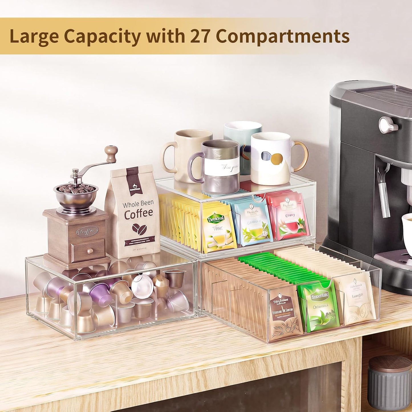 2 Pack Clear Tea Bag Organizer, Stackable Drawer Organizer with Dividers for Pantry Bathroom Vanity Kitchen - Cabinet Countertop Shelf Plastic Storage Bins for Coffee/Makeup/Cosmetic/Crafts/Jewelry