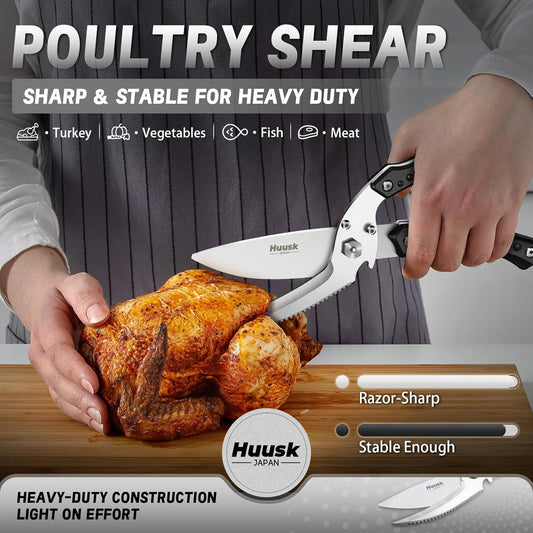 Huusk Kitchen Scissors All Purpose Poultry Shears Heavy Duty Ultral Sharp Detachable Kitchen Shears for Chicken Bone Turkey Silvery Stainless Steel Cooking Shear Thanksgiving