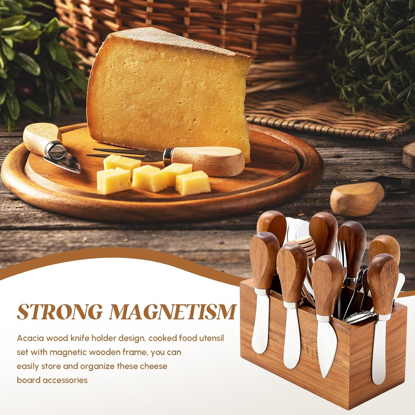 Hushee 44 Pcs Charcuterie Boards Accessories with Magnetic Acacia Wood Holder Wooden Cheese Knife Set for Wood Handle Knives for Cheese Knife Slicer with Tongs, Spoons, Forks, Honey Dipper (Style 2)