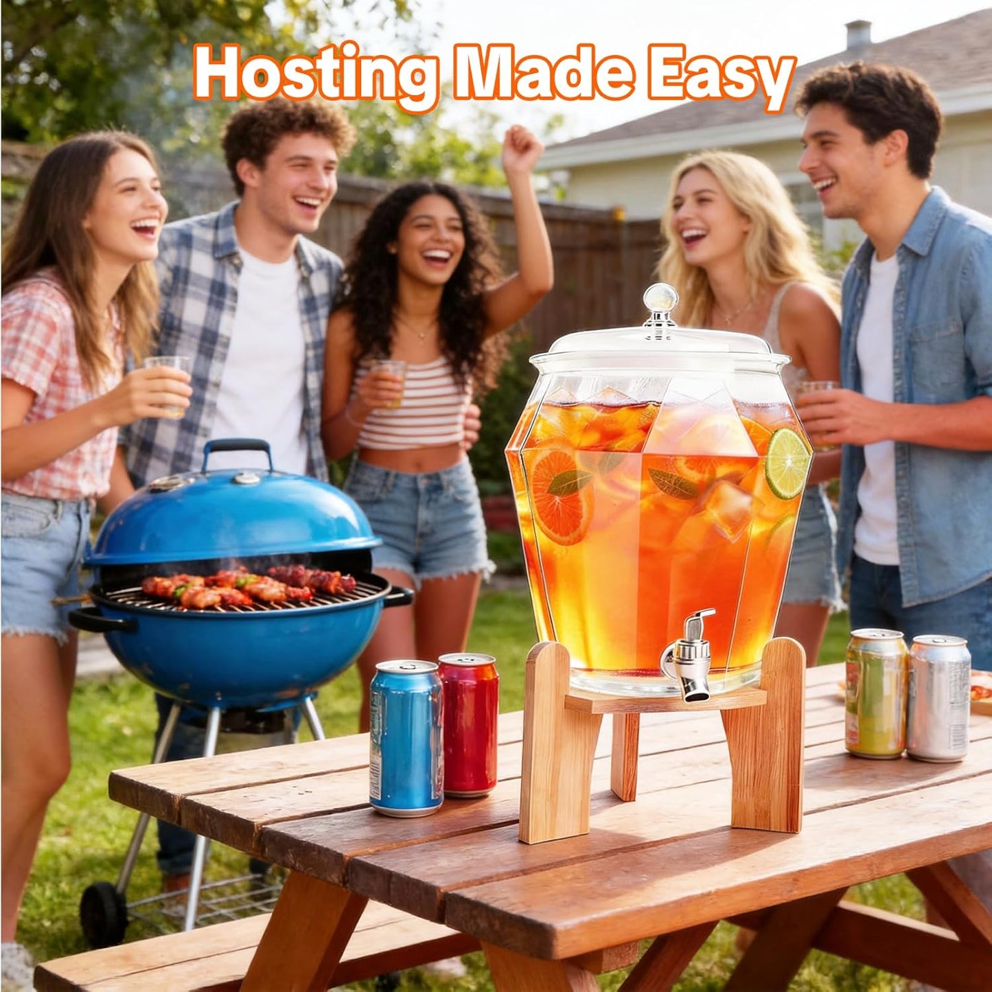 2 PCS Drink Dispenser Set, 2.5 Gallon Total Capacity (7L & 2.6L) - Shatterproof Plastic Beverage Containers with Wood Stand, Leak-Proof Spigot for Juice, Tea, Lemonade & Mimosa Bar Hosting