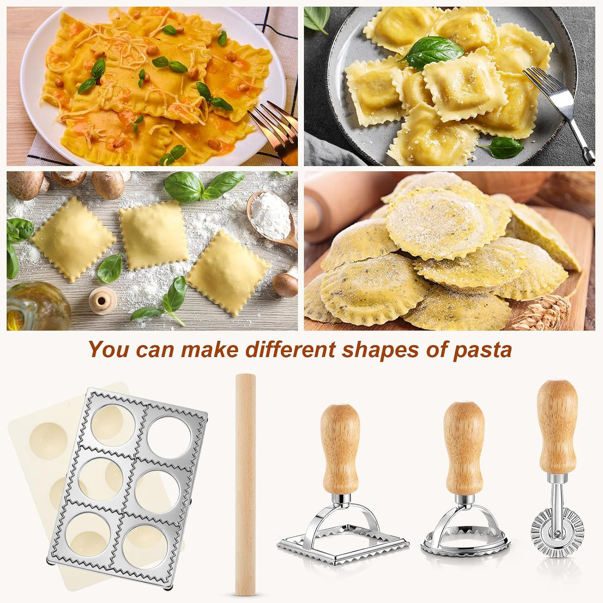 Geetery 5 Pcs Ravioli Mold Set 2 Inch Square Ravioli Maker Cutter Kit with 12-Hole Raviolis Press 3 Pasta Cutter Stamps Wooden Rolling Pin Pasta Making Tool for Homemade Raviolis Home Restaurant Use