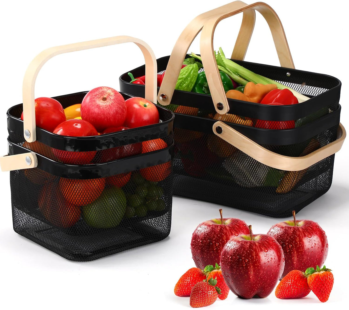 Zonon 4 Pack Harvest Garden Baskets, 2 Size Metal Mesh Harvest Storage Basket with Foldable Wooden Handle, Rectangle Durable Vegetables Fruit Basket for Garden Bathroom Kitchen Organizing, Black