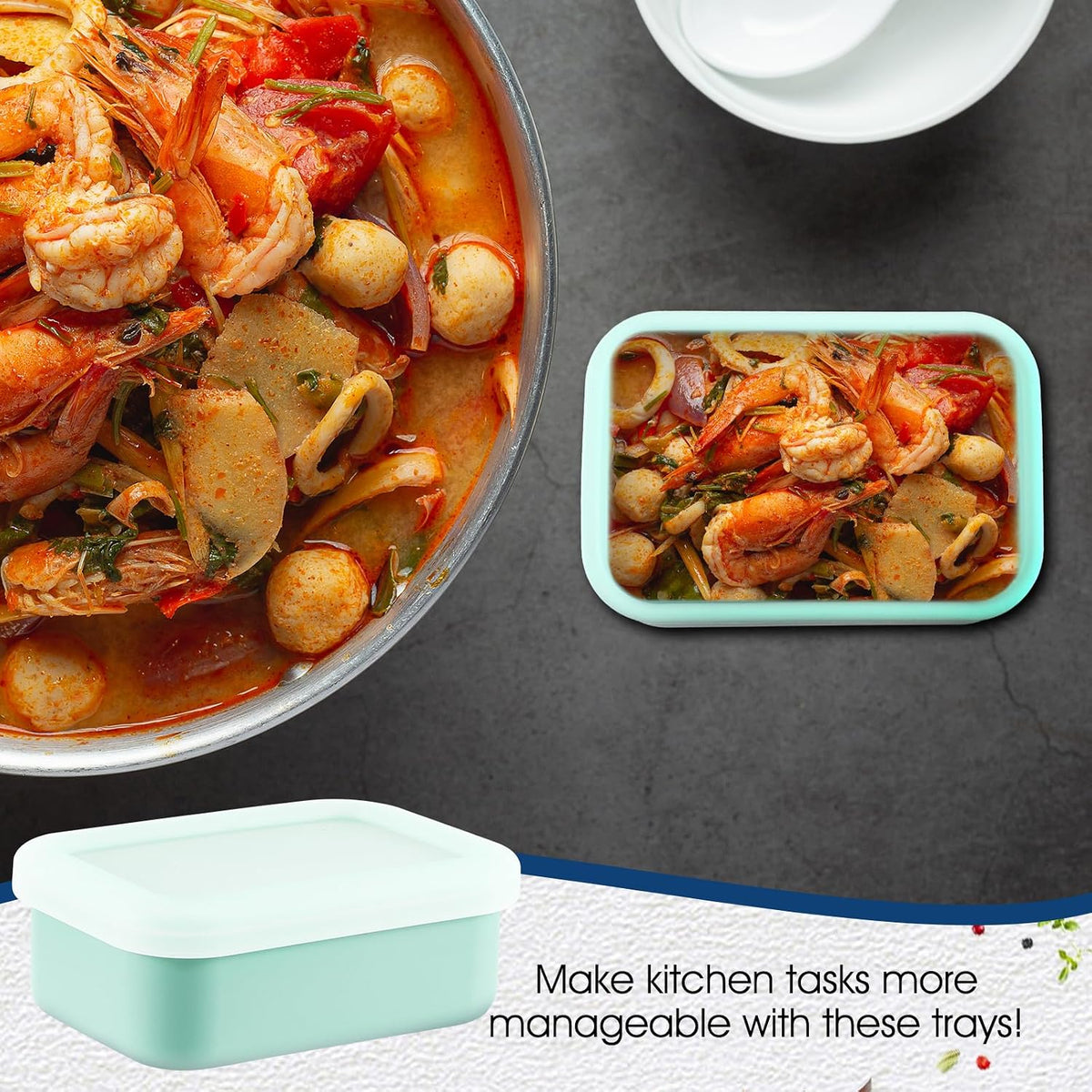 Lemecima 8 Pcs 1 Cup Silicone Freezer Trays with Lid - Rectangle Soup Freezer Containers - Reusable Food Preserving Tray - Freezing Ice Trays for Soups Sauces Stews (Sage Green, Dark Blue)