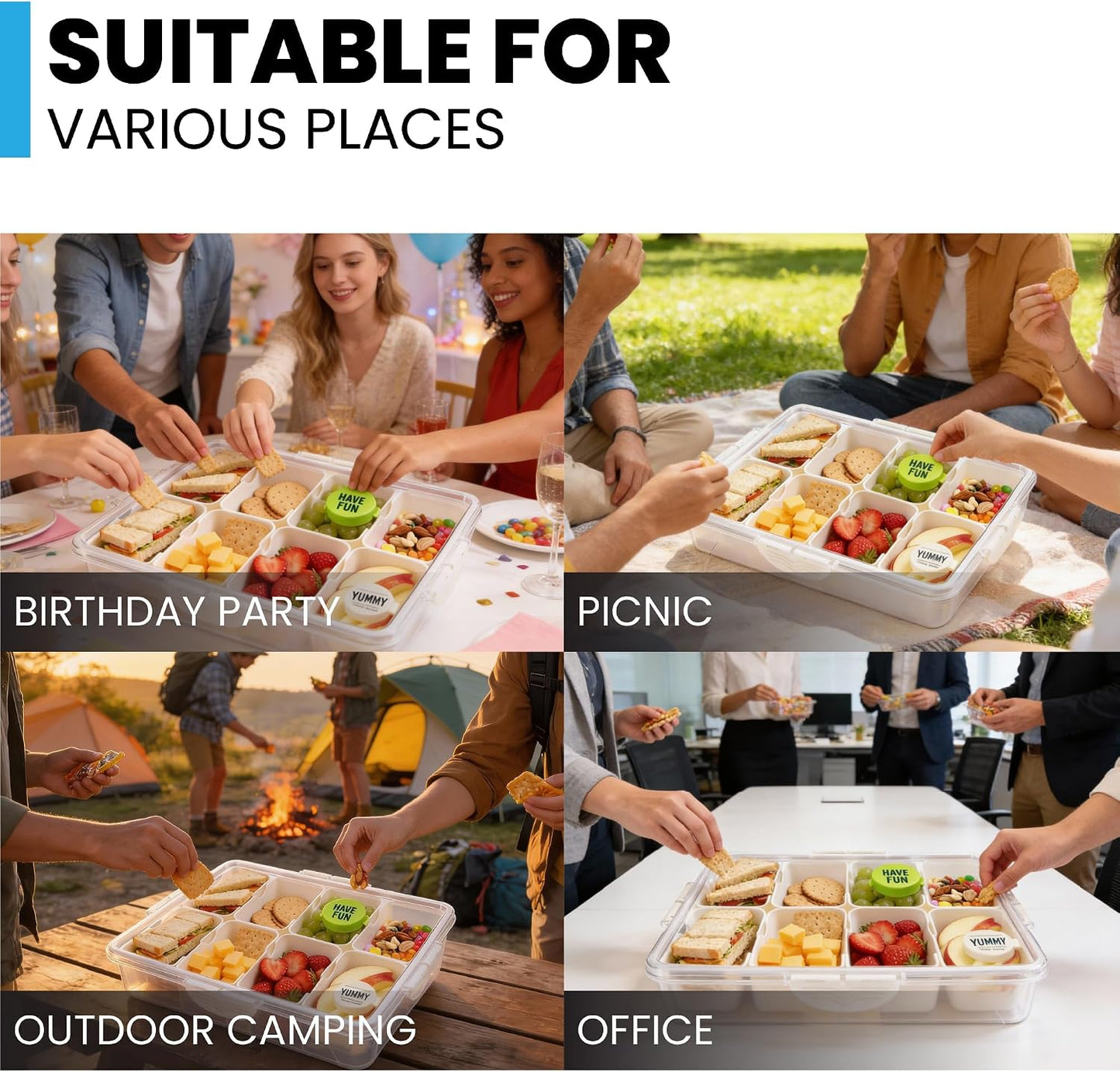 Snackle Box Container, 8-Compartment Divided Serving Tray with Lid & 2 Dip Cornus, Portable Snack Tray & Christmas Charcuterie Container for Parties, Road Trips & Airplane Snacks