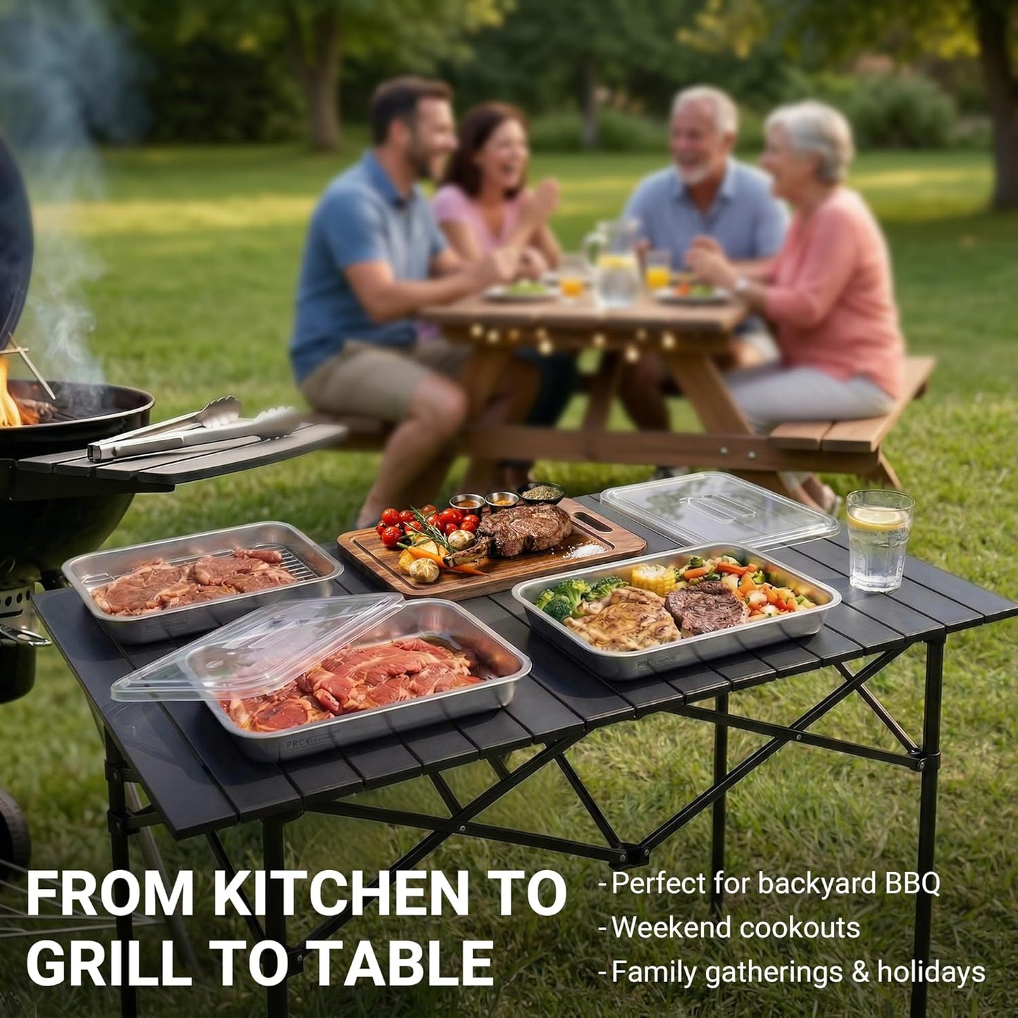Grilling Prep and Serve Trays with Spill-Reducing Lids, 304 Stainless Steel BBQ Grill Carry System with Drain Board & Acacia Cutting Board