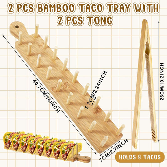 Kigley Wood Taco Holder Set of 4 Bamboo Mini Taco Tray with Tong Stand with Handle Wooden Rack, Each Holds 8 Soft or Hard Shell for Charcuterie Food Kitchen Gifts Accessories Home