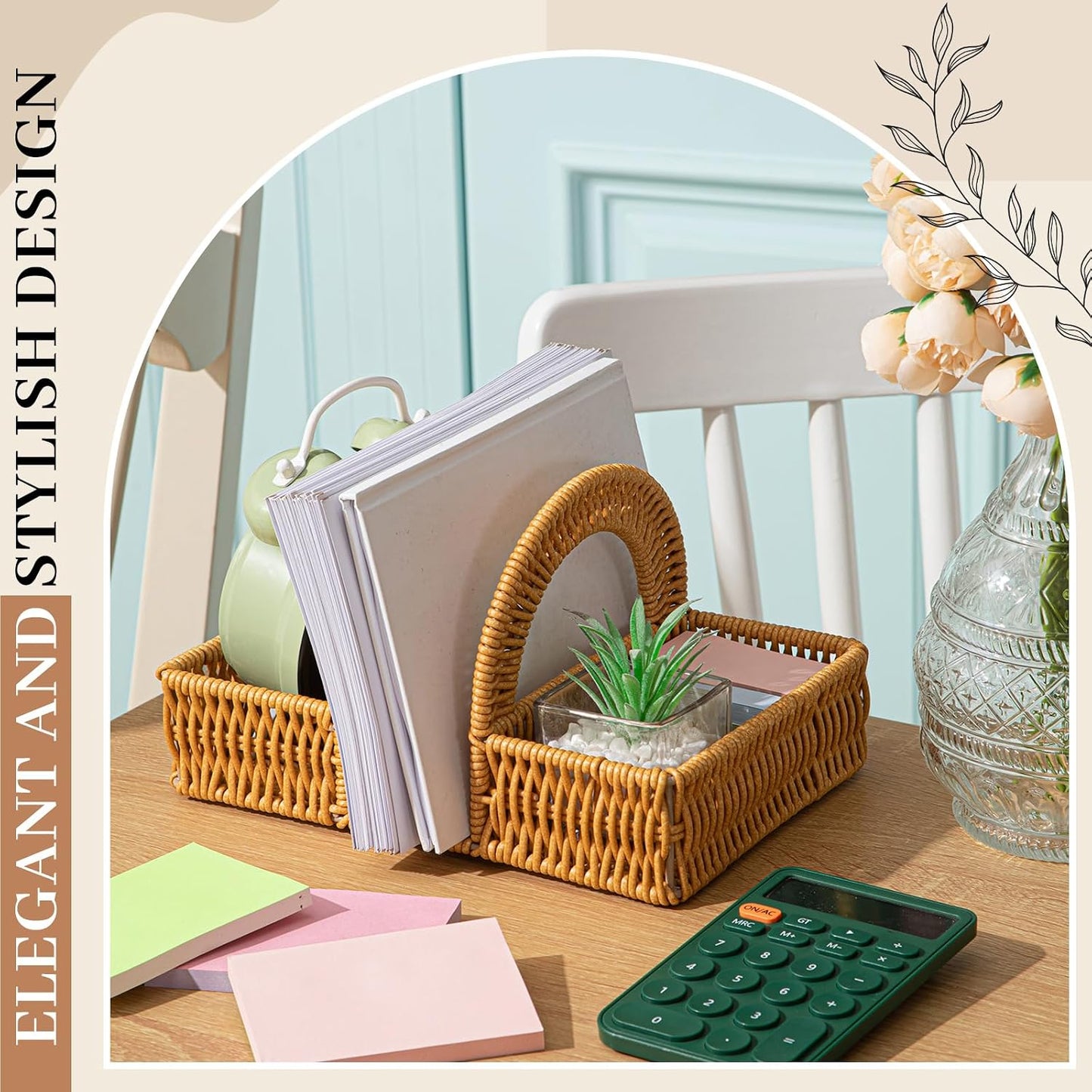 Boho Rattan Napkin Holder with Spice Rack Woven Dining Table Organizer for Napkins, Condiments Utensils Kitchen Counter Decor, Rustic Picnic Party Serving Caddy