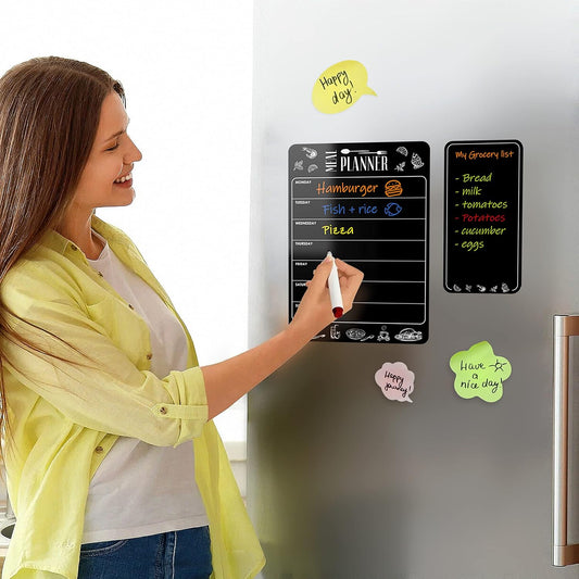 Magnetic Weekly Meal Planner & Grocery List Set - Black Dry Erase Board for Fridge - A4 Menu Calendar & 4.5x8.5 Shopping Pad - Refrigerator Chalkboard Sheet for Kitchen Organization