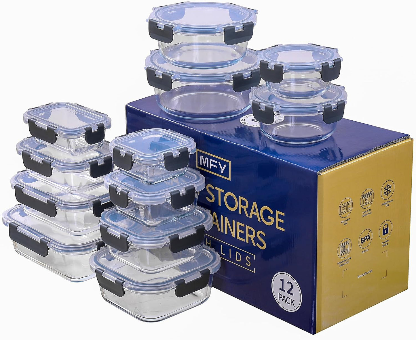 MFY 12-Pack Glass Storage Containers with Lids, Glass Meal Prep Containers Set, Airtight Lunch Containers with Lids, Microwave, Oven, Freezer and Dishwasher Safe, Gray