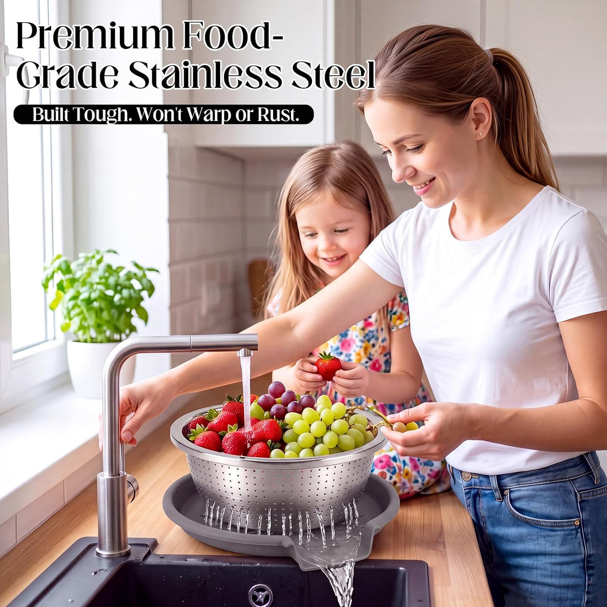 Hushee 5 Pcs Stainless Steel Colander Set with Self-draining Base, 5 Size