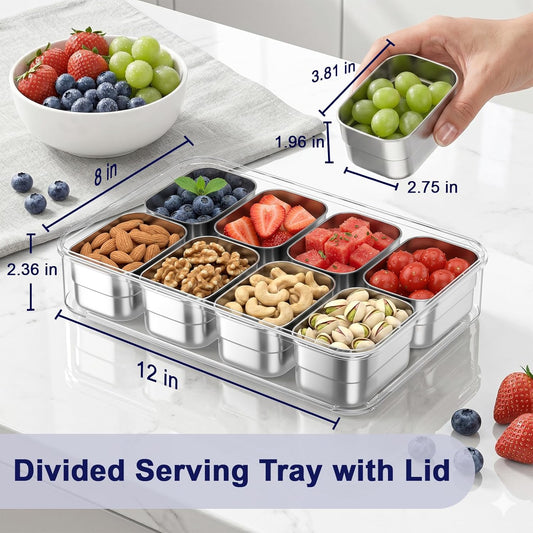 Stainless Steel Snackle Box Container, Divided Serving Tray | 8-Compartment with Lid and Handle, Large Snack Tray for Fruit Veggie Candy