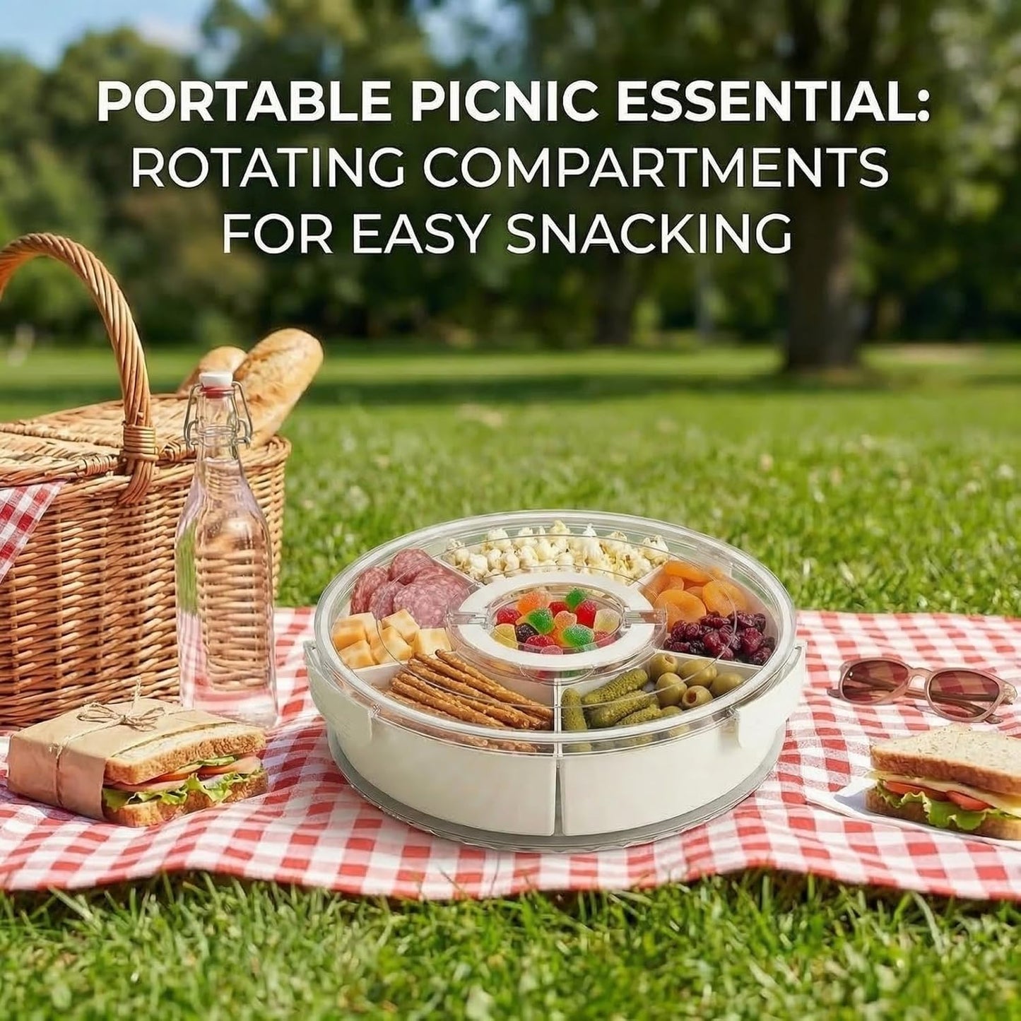1-Pack Divided Serving Tray with Lid and Handle, 6-Compartment Snackle Box Container for Fruits Vegetables Snacks, Portable Spinning Round Veggie Tray for Kitchen Party Travel Picnic