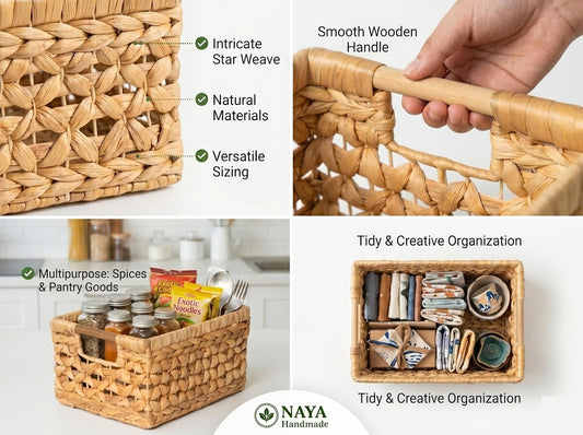 NAYA 11.6" Water Hyacinth Medium Wicker Shelf Basket – Storage Bin | Handwoven water hyacinth shelf basket with sturdy handles for pantry, towels and everyday home organization.