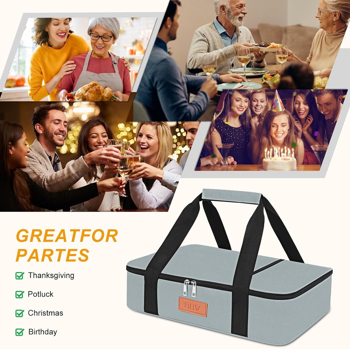 BBV Insulated Casserole Carrier for Hot or Cold Food, Food Warmer Bag Fits 9"x13" Baking Dish, Durable Nylon Leak Proof Food Containers for Travel, Potluck, Parties, Picnic, Cookouts (Beige)