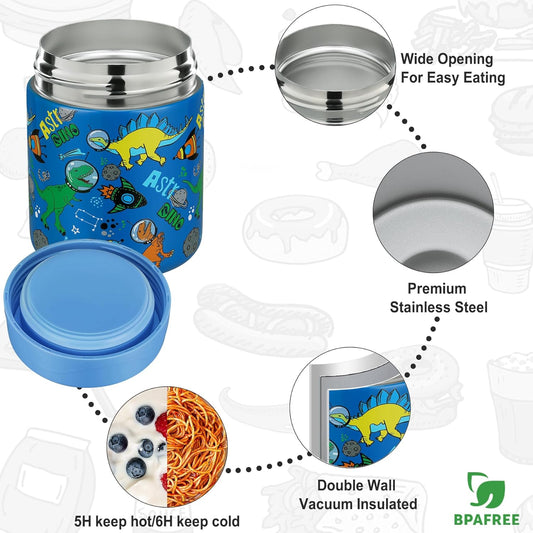 Itslife Bento Lunch Box Set for Kids with 12oz Soup Thermo&Lunch Bag, Leak-Proof Lunch Food Containers for Kids School, 5 Compartment, Sauce Cup, 10 Notes (Dinosaurs Black)