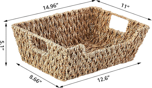 LGEHOOM Seagrass Wicker Storage Baskets Open-Front Pantry Baskets With Handles Handwoven Rattan Shelf Baskets for Organizer and Storage, 2 Pack
