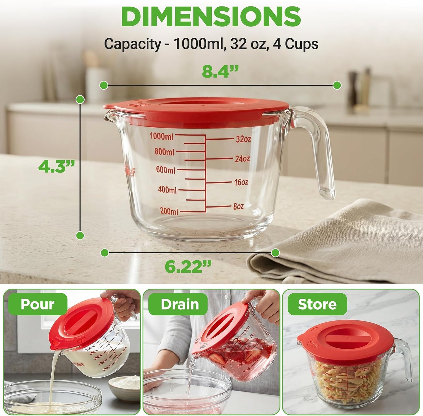 NutriChef 1,2 and 4 Cups Glass Measuring Cup Set with Lids (8, 17 and 34 oz) - Heat-Resistant Borosilicate Liquid Measure Cups with Easy-Read Scale for Cooking, Baking & Food Storage, Dishwasher Safe