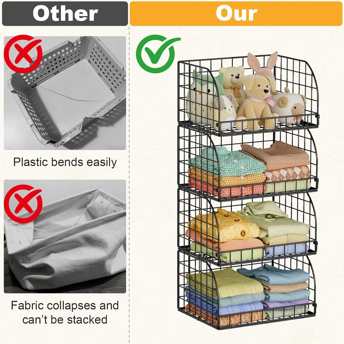 Lyuwanxian 4-Pack Stackable Wire Baskets for Closet Organizers and Storage, Open Storage Bins for Clothes, Toys, and Snacks - Rustic Metal Closet Organizer and Shelves in Black