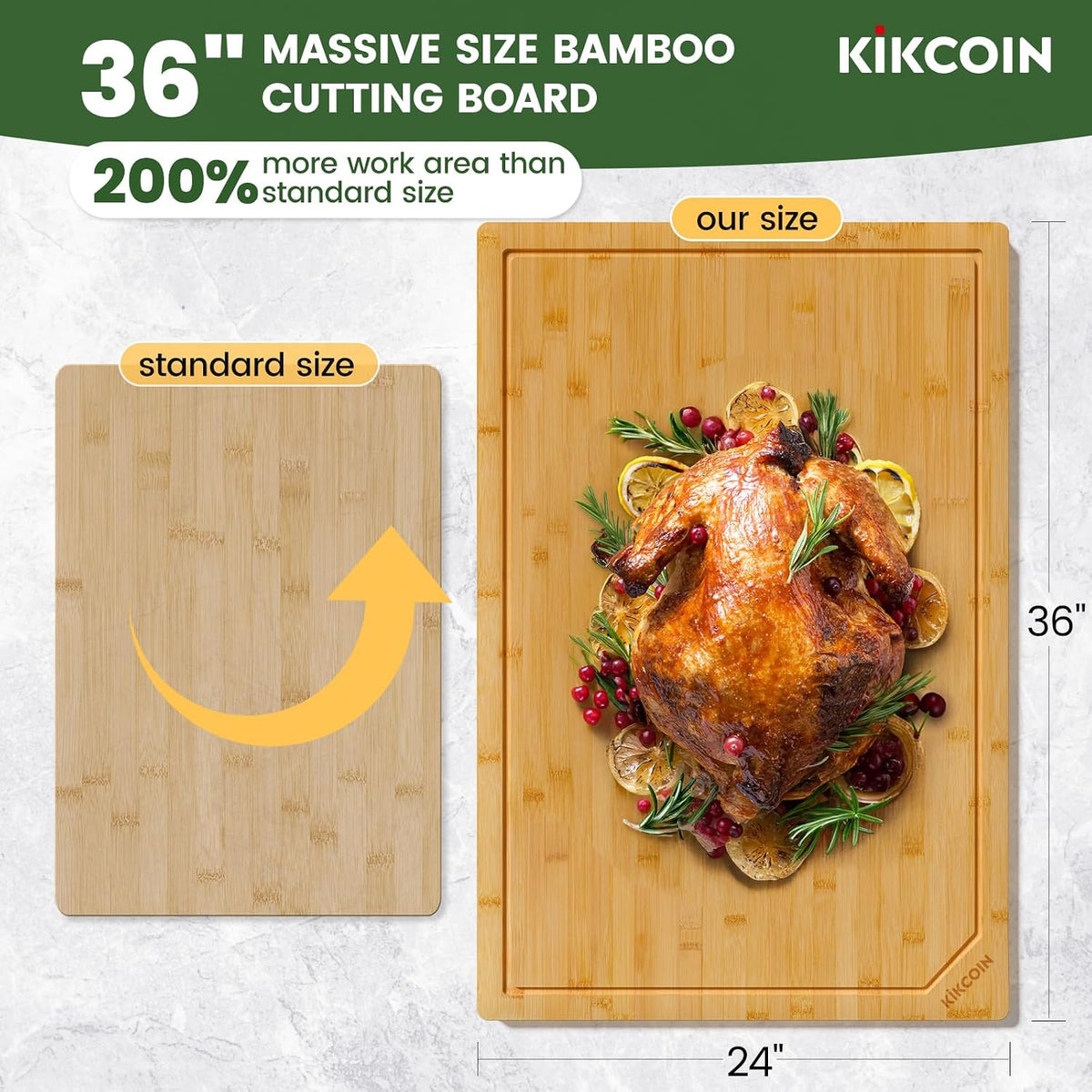 Kikcoin 17"×11" Bamboo Cutting Boards for Kitchen, Knife-Friendly Food Grade Wooden Cutting Boards for Kitchen, Charcuterie, Extra Large Chopping Boards with Deep Juice Groove, Reversible, Natural