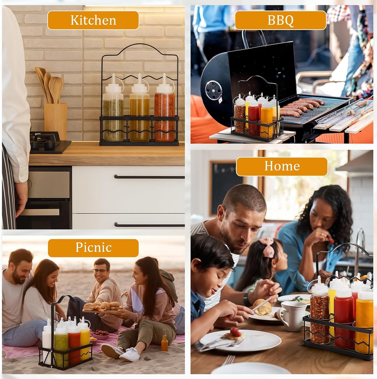 Kathfly Condiment Caddy with 6 Squeeze Bottle, 16 oz Squeeze Bottle Holder Countertop Organizer for Kitchen, Bar, BBQ, Picnic Steel Holder with Portable Handle, Food Grade PE Bottles