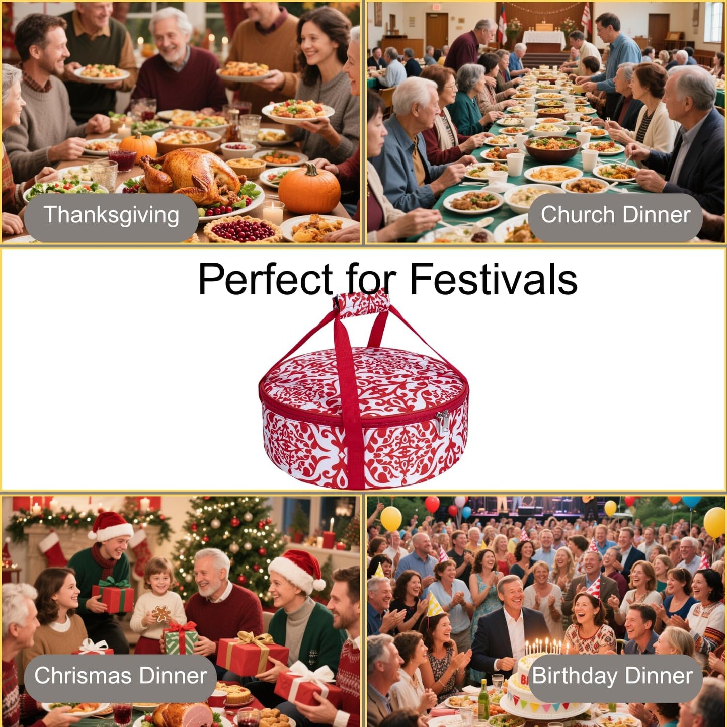 Round Insulated Pie Carrier – Thermal Portable Lunch Transport Cheesecake Cake Dish Container Bag Keep Food Hot/Cold/Fresh for Potlucks Parties Gathering/Cookouts/Church Dinner/Outdoor Events-Red