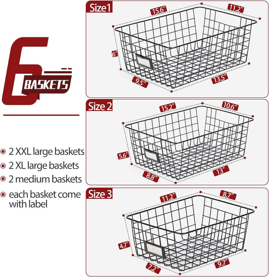 8 Set, Extra Large Wire Baskets for Organizing with Lables, Cabinet Pantry Organization and Storage Bins - Metal Basket for Kitchen, Laundry, Garage, Fridge, Bathroom Countertop Organizer, Black