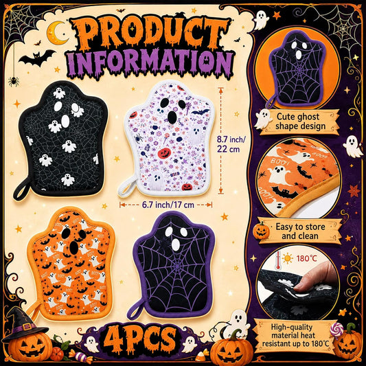 Fanfanwin 4 Pcs Halloween Ghost Pot Holders for Kitchen Cute Oven Hot Pads