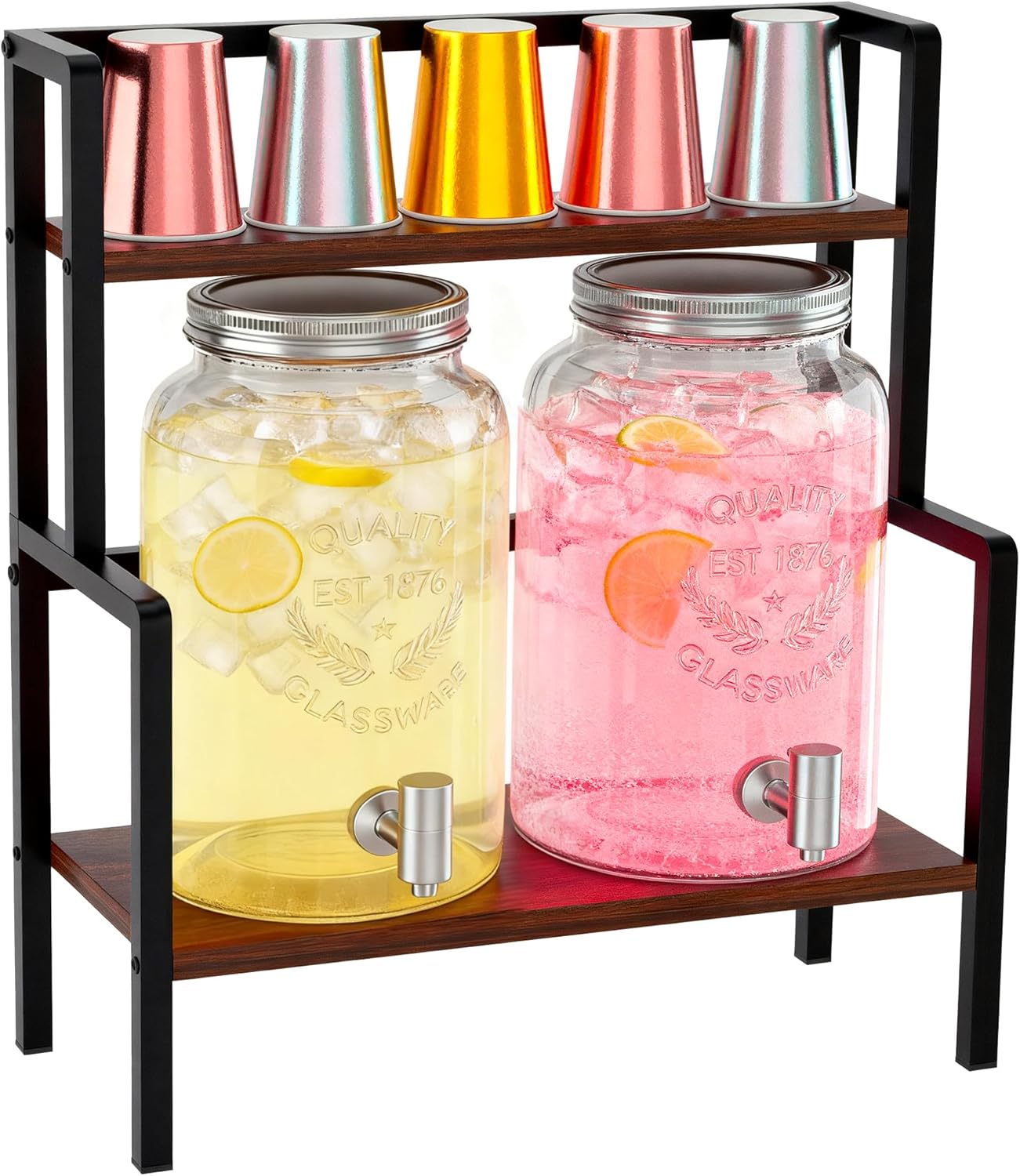 2PCS 1.5 Gallon Drink Dispenser - Glass Beverage Dispenser With Wood Stand and Leakproof Stainless Steel Spigot, Large Drink Dispenser for Parties, Lemonade, Iced Tea, Laundry Detergent Container