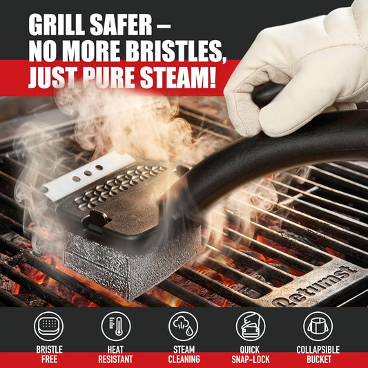 Qetumst Grill Brush Bristle Free with Collapsible Bucket, Steam BBQ Cleaning Kit & 3 in 1 Scraper, Extra Replaceable Head, Safe Outdoor Accessories for Cast Iron, Porcelain Grates