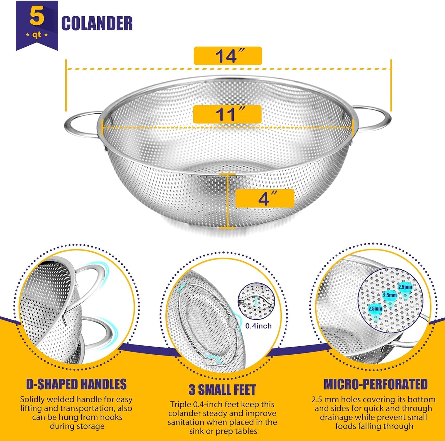 E-far Stainless Steel Colander Set of 3 (1-3-5Quart), Micro-Perforated Metal Colander Strainer with Handle for Kitchen/Draining Pasta/Rinsing Vegetables Fruits, Heavy Duty & Dishwasher Safe