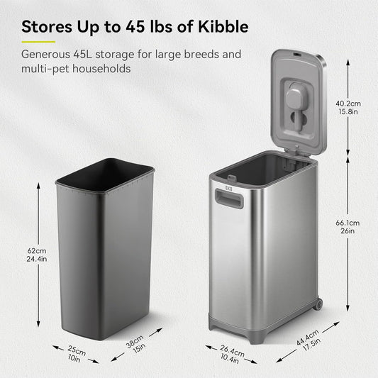 EKO 45 lb Airtight Dog Food Storage Container, Stainless Steel Pet Food Container for Kibble, Cat Food & Bird Seed, Lockable Lid, Magnetic Scoop, BPA-Free Inner Bucket, Wheels