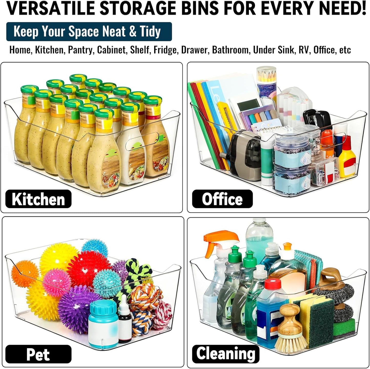 12 PACK Multi-Use Clear Plastic Storage Bins for Organizing w/ Labels - Home, Kitchen, Pantry, Bathroom, Office, Cabinet Shelf Organizer Bins - SOHO Collection, RV, Fridge Organization Containers -XL