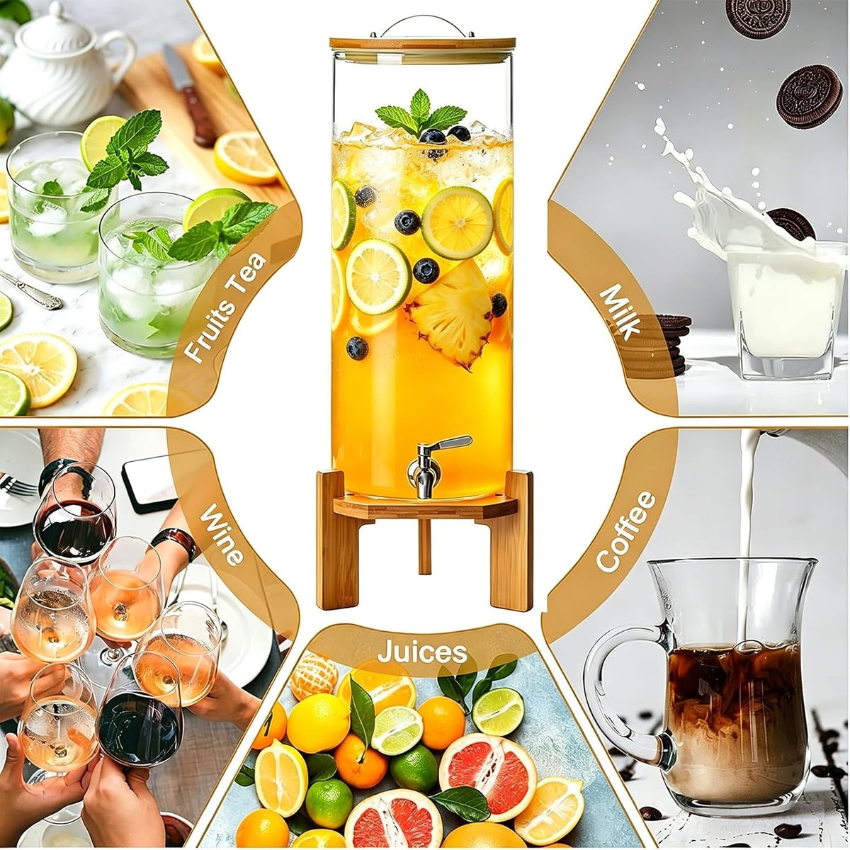 Beverage Dispenser, 4Gallon Glass Drink Dispenser with Stand, Stainless Steel Spigot, Ideal for Parties, Bars, Restaurants (15L/4 Gallon)