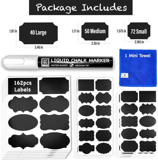 Chalkboard Labels for Jars 162pcs - Waterproof Reusable Chalk Sticker Labels for Containers Storage Jars - 12 Unique Shapes & 3 Sizes Includes Erasable Liquid Chalk Marker & Mini Towel (Pack of 162)