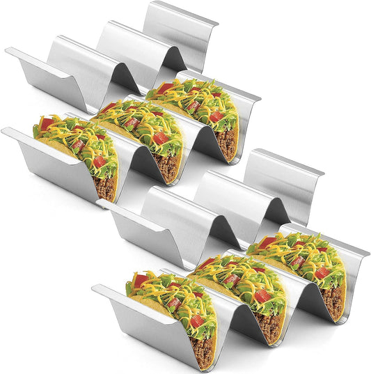 RTT Stainless Steel Taco Holder Stand, Set of 6 - Stylish Rack Holds Up to 3 Tacos Each, Keeping Shells Upright - Oven, Grill and Dishwasher Safe