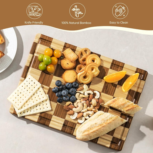 THETCHRY Bamboo Cutting Board Set, Checkered Wood Cutting Boards for Kitchen with Juice Groove, Non Toxic Wooden Charcuterie Boards, Non Slip Chopping Board for Meat Fruit Cheese, Housewarming Gift