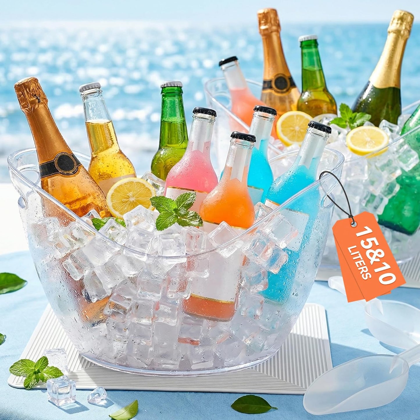 15L & 10L Large Ice Buckets for Parties, 2 Pcs Clear Acrylic Champagne Wine Buckets Durable Plastic Beverage Tub with Scoop and Drip Mat for Party, Cocktail Bar, Mimosa Bar(4 & 2.7 Gallon)