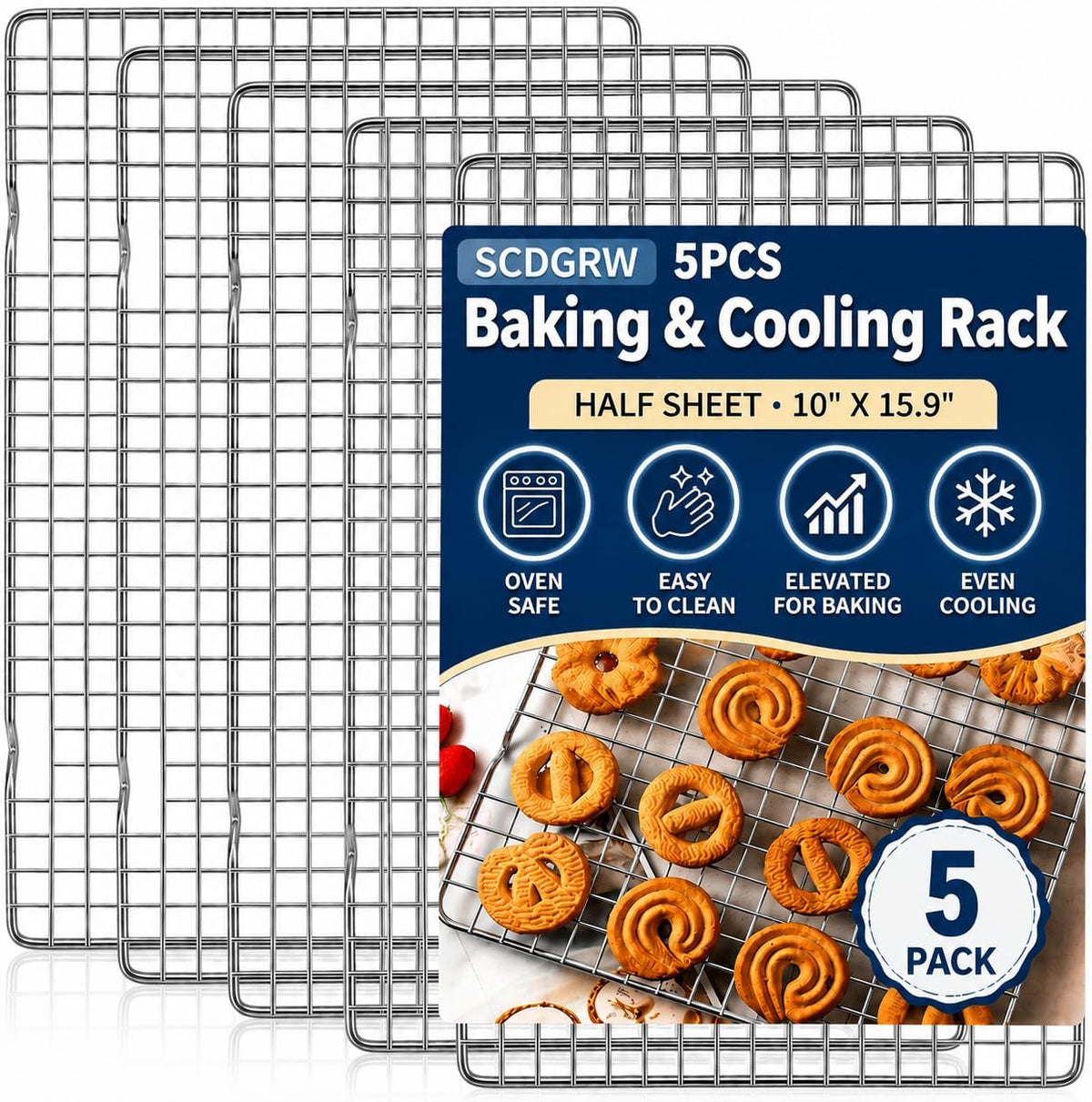 Cooling Rack Set of 2, 10" x 16" No Warp Heavy Duty Stainless Steel Baking Rack - Fits Jelly Roll Cookie Sheet Pan, Oven Safe 575°F, for Baking, Roasting & Dehydrating, Dishwasher Safe