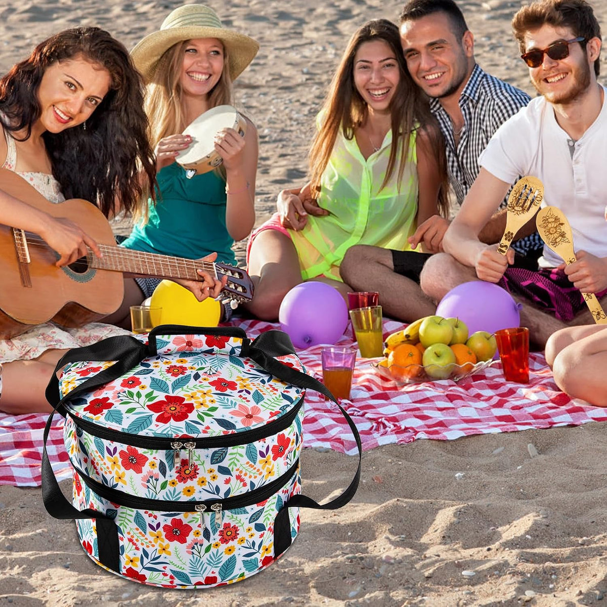 Casserole Carrier &5Pcs Sunflower Wooden Cooking Spoons Set,12.5" Pie Carrier,2 Compartments Insulated Pie Carrier with Lid and Handle,Pie Carrying Case,Kitchen Baking Spoon Kitchen Gift Set