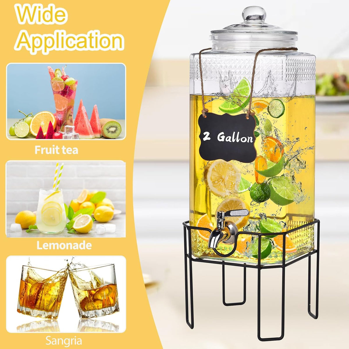 Drink Dispenser, Drink Dispensers for Parties, 1 Gallon Glass Beverage Dispenser with Stand and Glass Lid, 100% Leakproof Spigot, Ideal for Lemonade, Juice, Iced Tea, Laundry Detergent