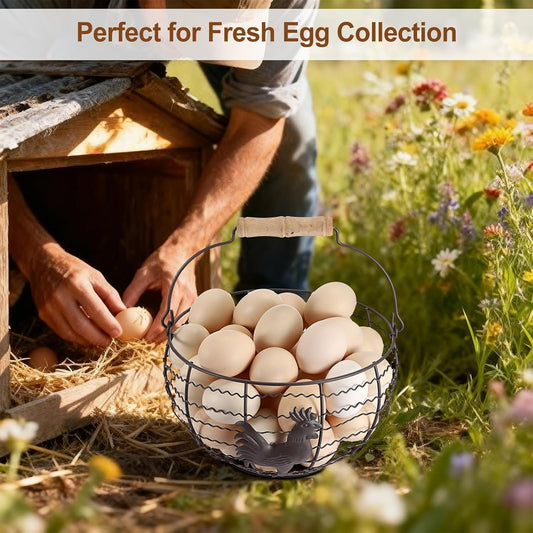 3 PCS 8’’ Farmhouse Egg Collecting Basket with Wood Handle, Rustic Metal Wire Chicken Eggs Holder Basket for Countertop Kitchen, Wire Egg Basket Vintage Style, Round, Rooster Pattern