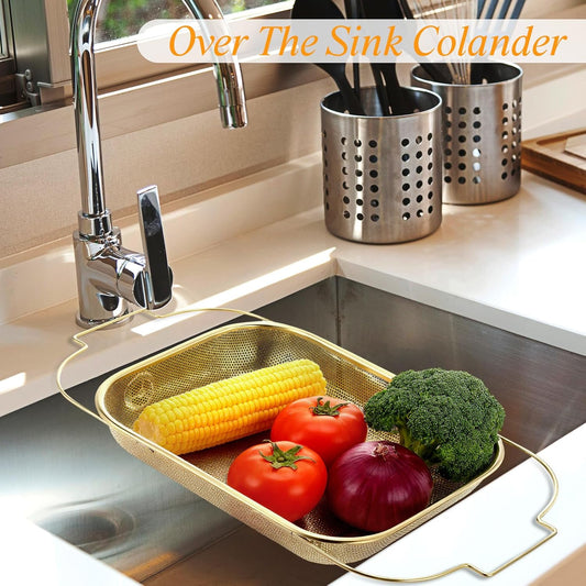 LemonRoad Gold Over the Sink Colander with Expandable Handles and 3 Pcs Gold Fine Mesh Strainer Large Stainless Steel Colander Strainer Basket for Kitchen Accessories (15-18.1 L x 10.6 W x 2.4 H)